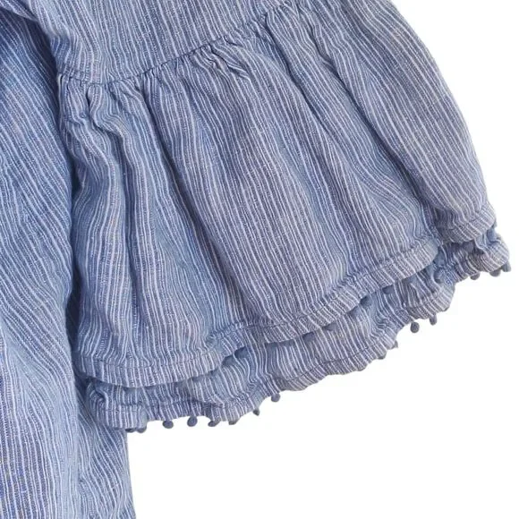 Charter Club Linen Peasant Blouse Top Striped Blue Bell Sleeves Mini Pom Poms XL - Picture 6 of 11